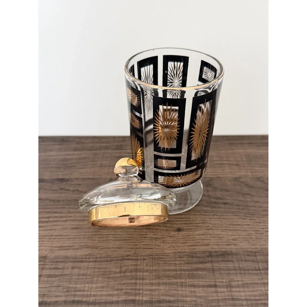 Vintage MCM Jeannette Glass Atomic Starburst Lidded Apothecary Jar Black Gold